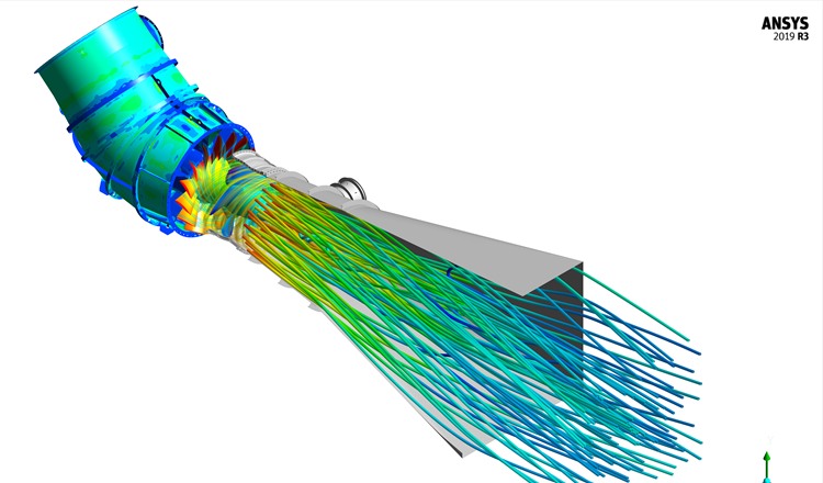 ANSYS CFD velocity streamline simulation through a Hacker turbine and draft tube