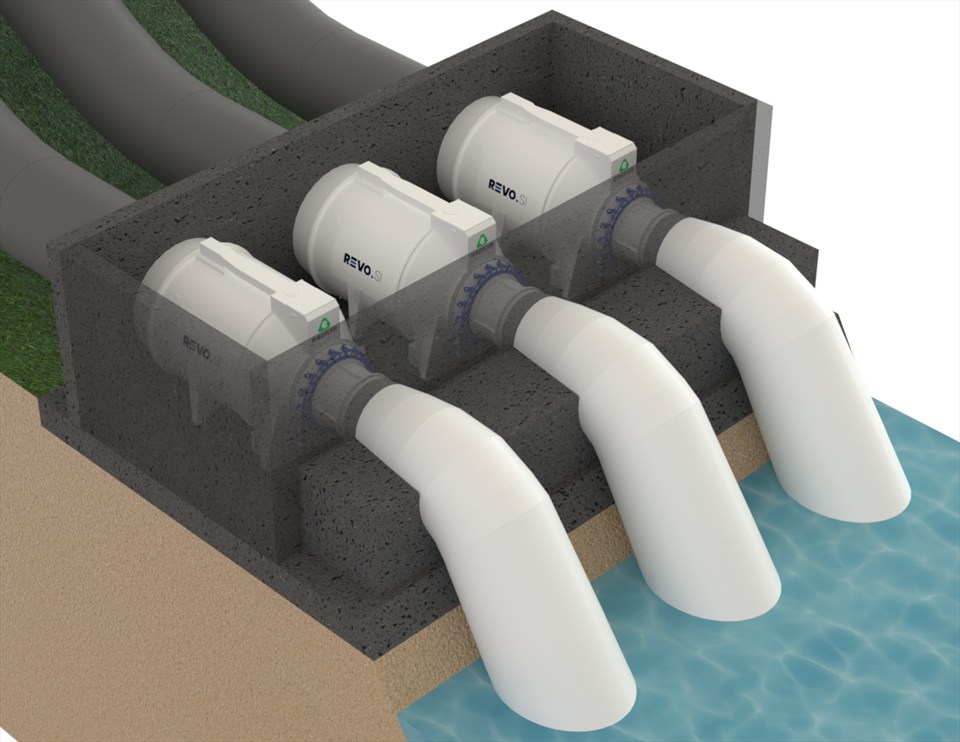 Three REVO SI units in a cutaway powerhouse, draft tubes discharging to the tailrace